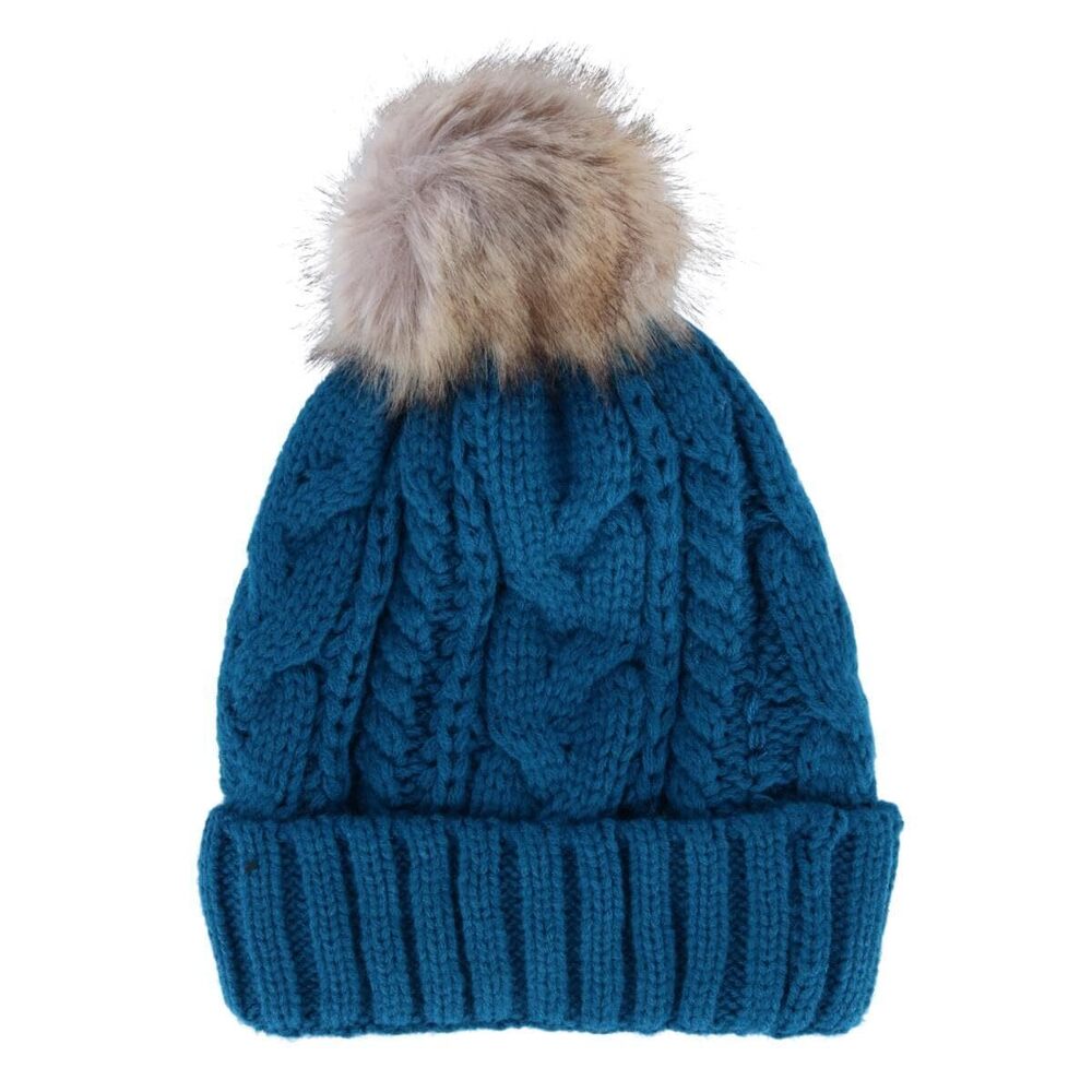 1914 Cable Knit Lined Winter Beanie with Synthetic Fur Pom, Turquoise